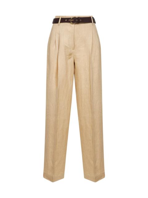 Max Mara Studio Max Mara Studio Women Beige Faded Linen Twill Mstsumero Belted Wide-Leg Trousers