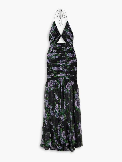 CAROLINA HERRERA Cutout ruched floral-print silk-georgette halterneck gown