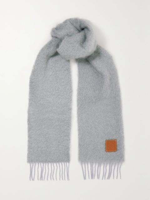Loewe Leather-trimmed fringed mohair-blend scarf Gray