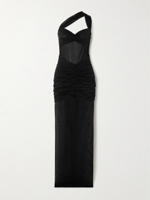 Alessandra Rich One-shoulder Ruched Stretch-mesh Gown