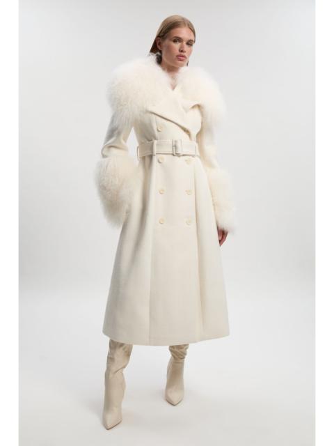 KAREN MILLEN Brushed Wool & Shearling Tailored Double Breasted Belted Midi Coat