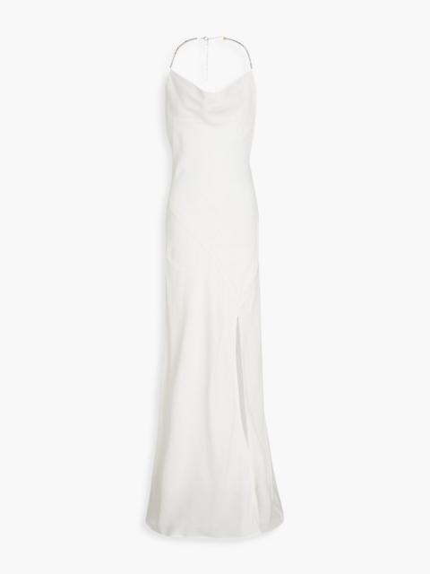 NICHOLAS Crystal-embellished draped crepe halterneck maxi dress