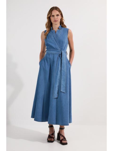 KAREN MILLEN Denim Tailored Notch Neck Belted Fluid Midi Dress