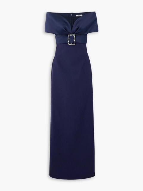 Safiyaa Off-the-shoulder crystal-embellished belted crepe gown