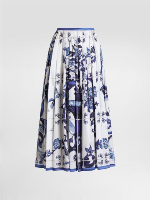 Majolica-print long cotton satin skirt