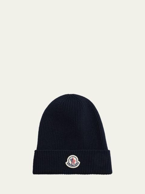 Moncler Men's Ribbed Wool Logo Beanie Hat
