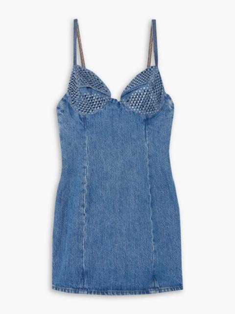 AREA Crystal-embellished polka-dot denim mini dress