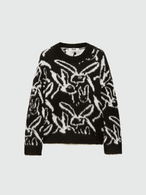 MSGM Black brushed mohair sweater with "Sketched Bunnies" jacquard pattern
