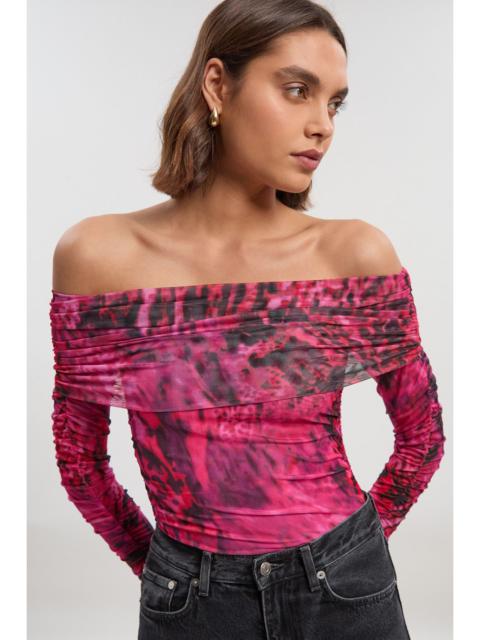 KAREN MILLEN Animal Print Off The Shoulder Ruched Bodysuit