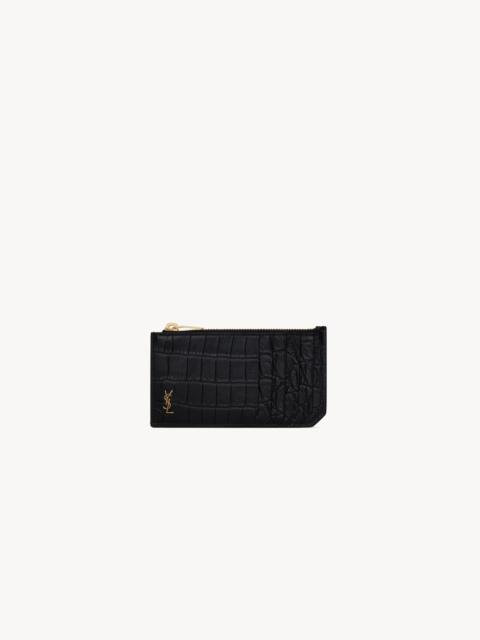 SAINT LAURENT TINY CASSANDRE FRAGMENTS ZIP CARD CASE IN CROCODILE-EMBOSSED MATTE LEATHER