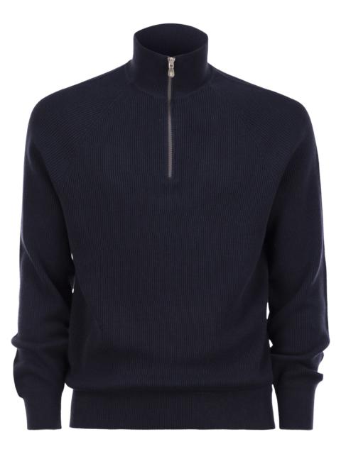 Brunello Cucinelli Men Cotton Rib Sweater With Zip Opening And Raglan Sleeve