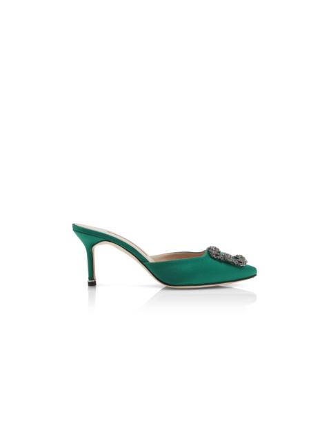 Manolo Blahnik Green Satin Jewel Buckle Mules