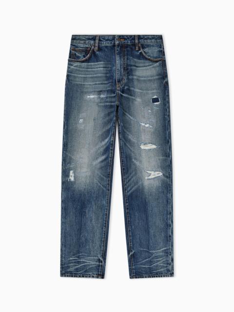 EMPORIO ARMANI J22 REGULAR-FIT, STONE-WASHED DENIM JEANS WITH RIPS