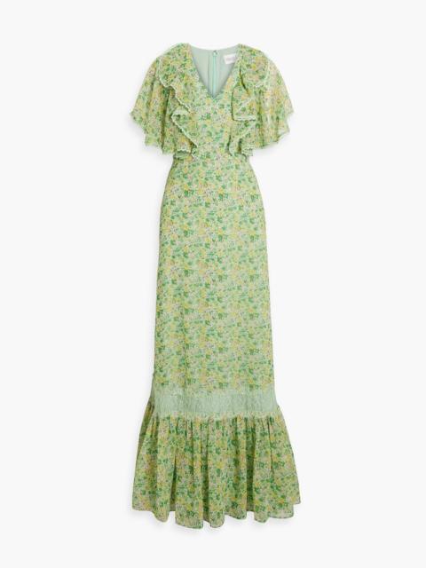 Other Designers Lace-trimmed ruffled floral-print chiffon maxi dress