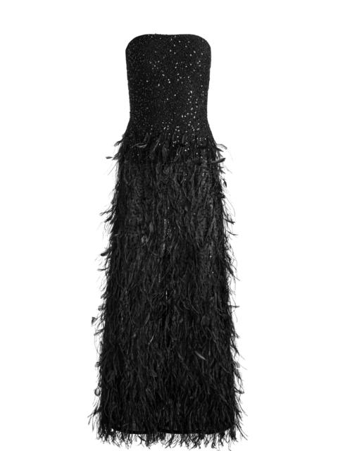 Alice + Olivia DELORA EMBELLISHED STRAPLESS GOWN WITH FEATHERS