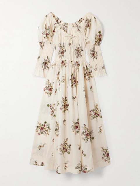 DÔEN Kaira Shirred Floral-print Organic Cotton-poplin Midi Dress