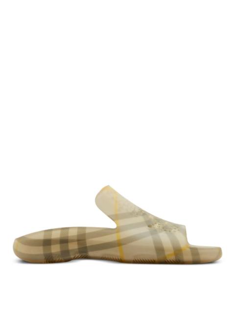 Burberry Open Box - Burberry Equestrian Knight Stingray Check-Pattern Slides, Brand Size 36 ( US Size 6 )