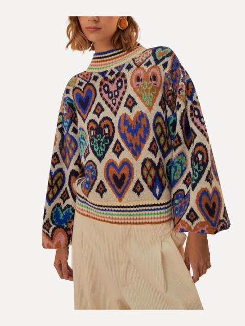 FARM RIO Cream Hearts Ikat Knit Jumper