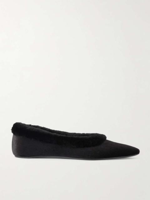 Shearling-trimmed velvet ballet flats Black