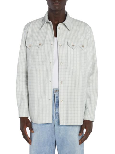 Bottega Veneta Check Print Leather Snap-Up Western Shirt in White/Grey/Mint at Nordstrom