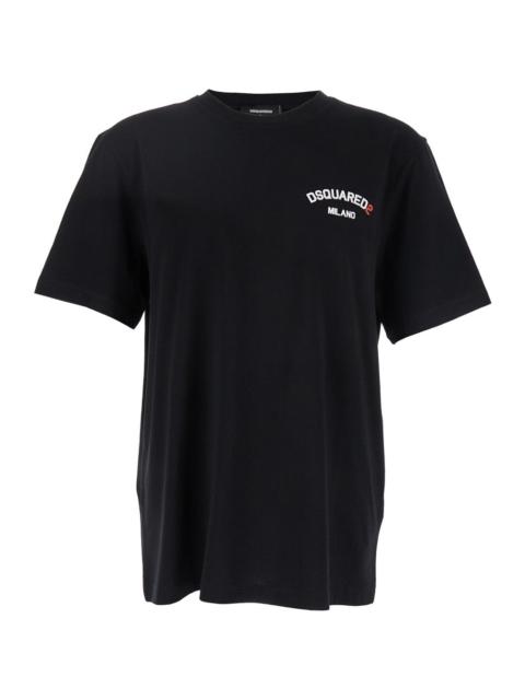 Dsquared2 Men Black Crew-Neck T-Shirt With Logo On The Front In Cotton Man