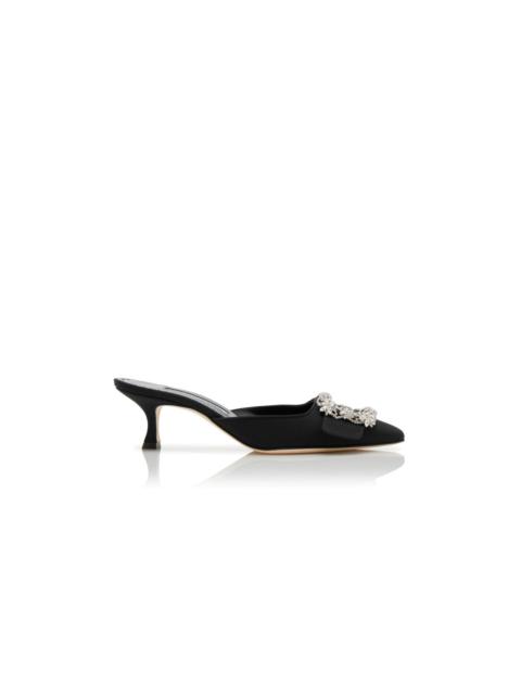 Manolo Blahnik Black Crepe De Chine Crystal Buckle Mules