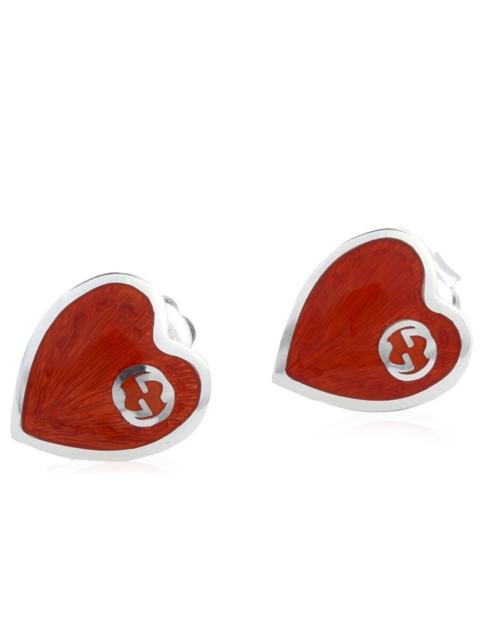 GUCCI Interlocking G Heart Stud Earrings in Sterling Silver with Red Enamel