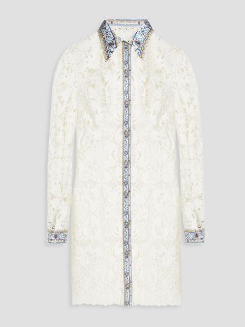 CAMILLA Crystal-embellished linen-blend guipure lace mini shirt dress