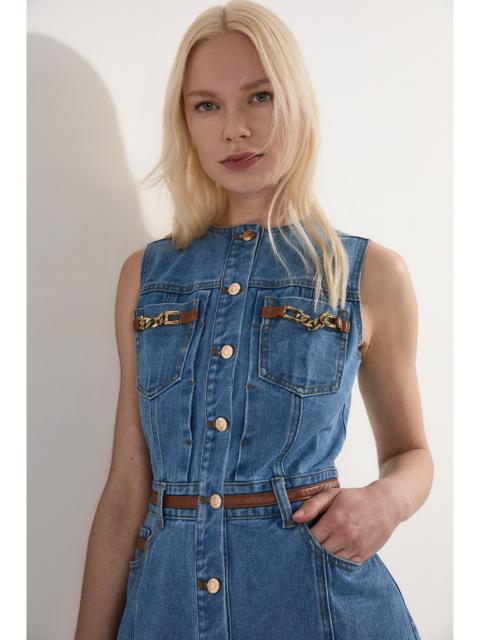 KAREN MILLEN Denim & Faux Leather Tipping Sleeveless Midi Dress