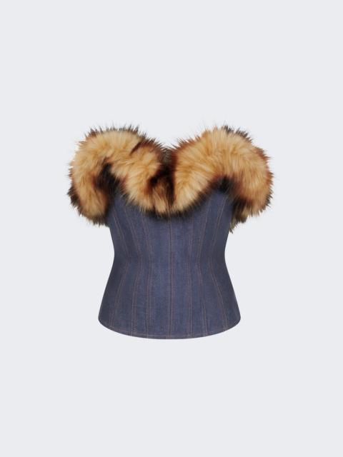 David Koma Detachable Faux-fur Trim Corset Top Indigo And Brown