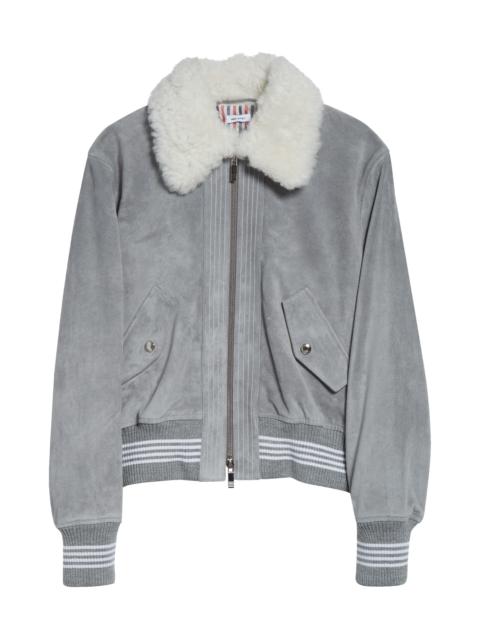 Thom Browne Thom Browne 4-Bar Suede Crop Bomber Jacket with Genuine Shearling Collar in Medium Grey at Nordstrom