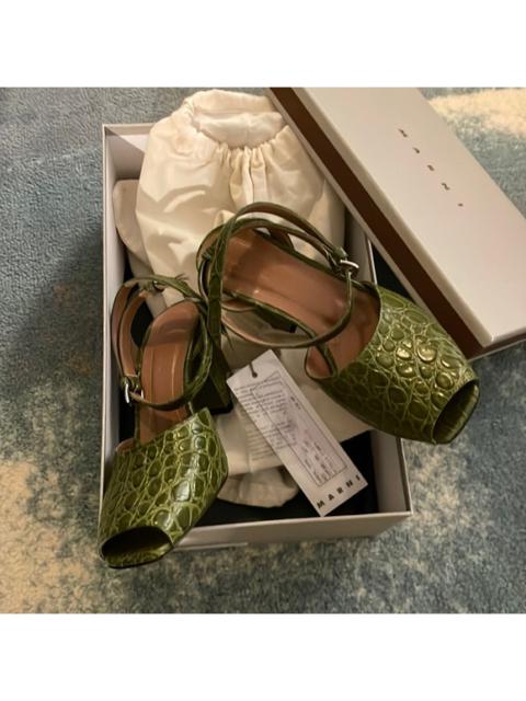 Marni MARNI Peep Toe High Heel Croc Print Sandals in Dusty Olive