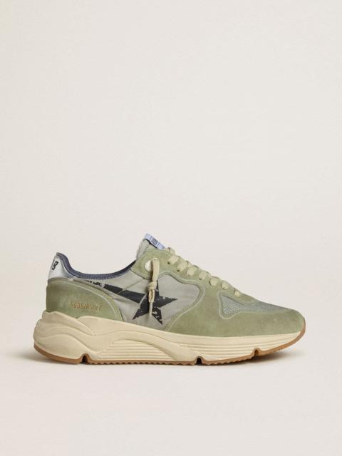 Golden Goose Men's Running Sole in sage-green nylon and suede with printed black star