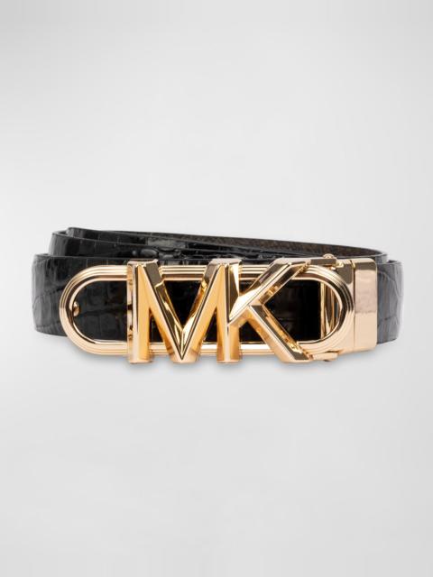 MICHAEL KORS Reversible Monogram & Croc-Embossed Leather Belt
