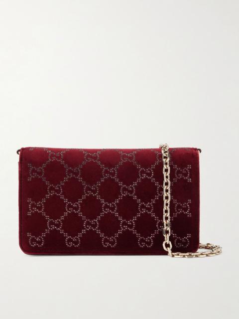 GUCCI Crystal-embellished velvet and leather shoulder bag Burgundy