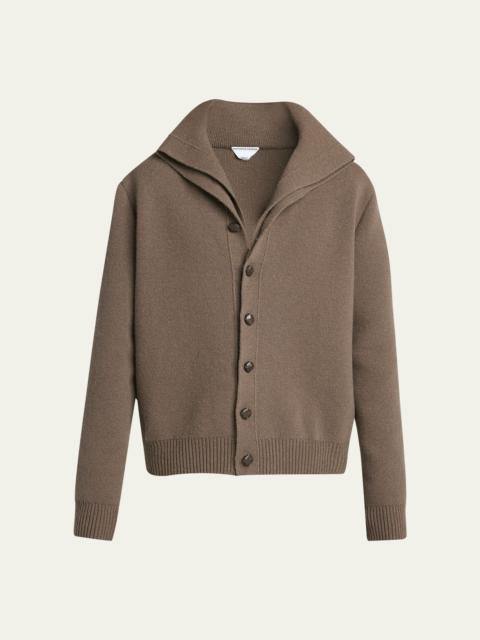 Men's Wool Shawl Leather-Button Cardigan