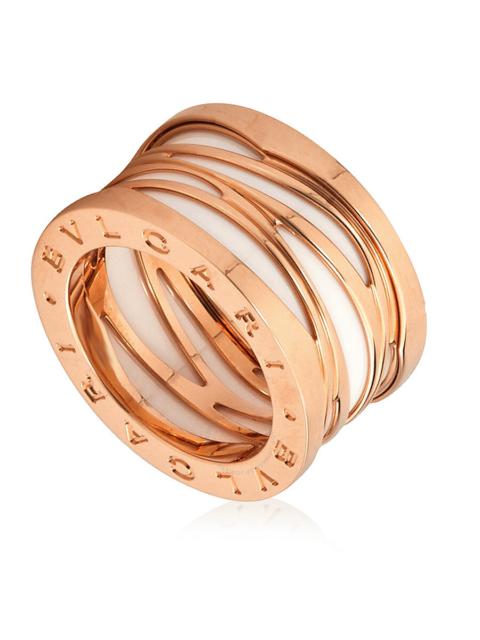 Bvlgari Ladies 18k Rose Gold B.Zero1 White Ceramic Ring, Size 53