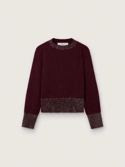 Golden Goose Women's crew-neck sweater in burgundy wool with rhinestone embroidery