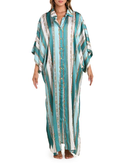L'AGENCE L'AGENCE Wrena Belt Stripe Satin Maxi Cover-Up Shirtdress in Green Multi at Nordstrom