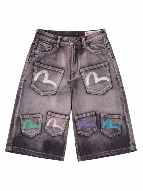 EVISU Seagull Print Multi-Pocket Denim Shorts