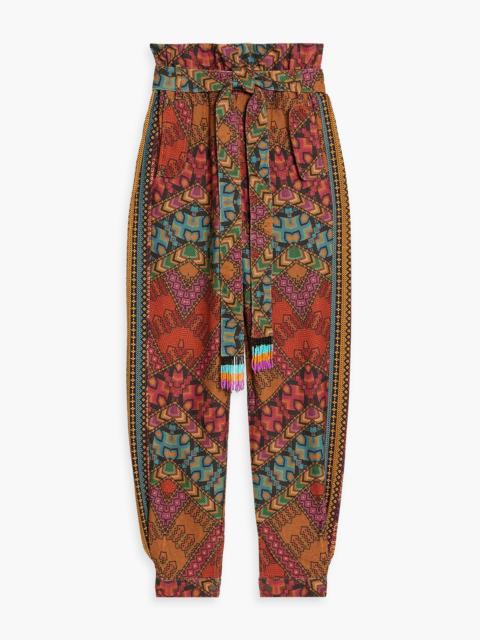 FARM RIO Belted printed cotton tapered pants