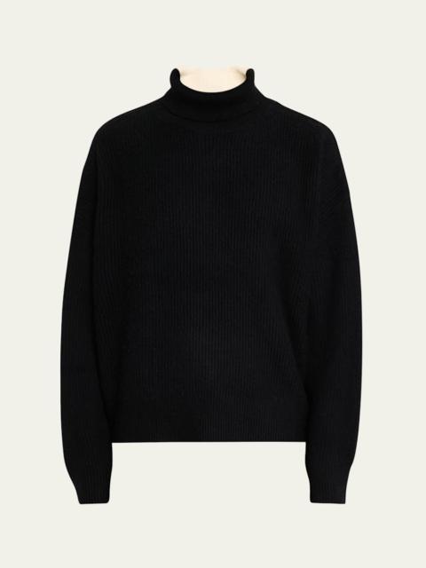 ZANKOV Men's Merino Wool and Cashmere Rib Color-Block Turtleneck Sweater