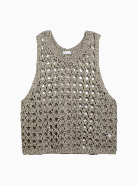 Brunello Cucinelli Dark green perforated cotton-blend tank top