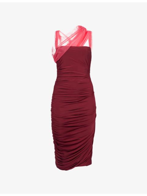 NENSI DOJAKA Ruched Square-Neck Stretch-Woven Midi Dress