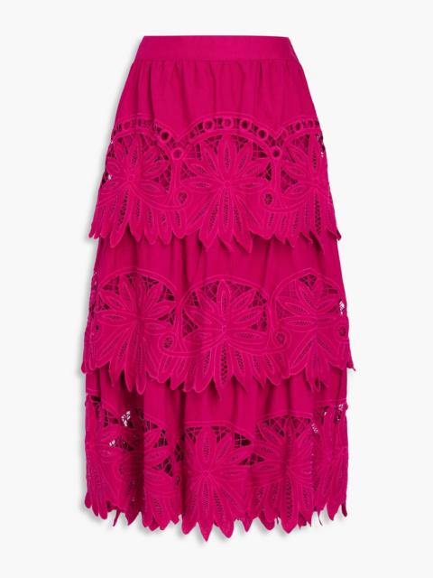 FARM RIO Tiered broderie anglaise cotton and linen-blend midi skirt