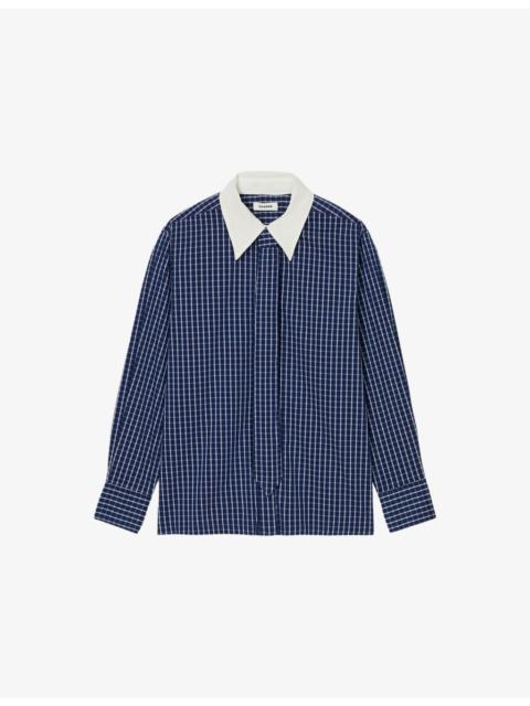 Sandro Tie-Neck Long-Sleeve Checked Stretch Cotton-Blend Shirt