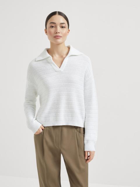 Brunello Cucinelli Textured half English rib knit polo shirt in cotton Diamond yarn