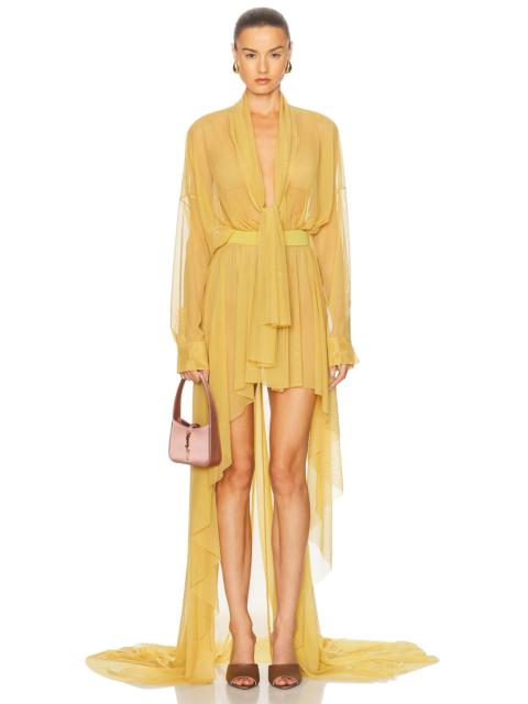 NORMA KAMALI Hi Low Super Oversized Boyfriend Shirt Flared Gown With Bow