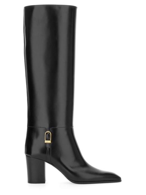 SAINT LAURENT SMOOTH LEATHER JULIA BOOT WITH ENGRAVED BUCKLE