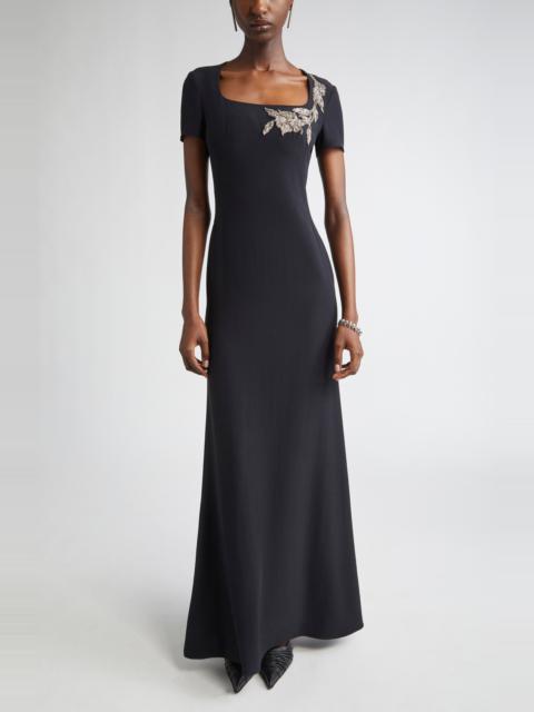 Alexander McQueen McQueen Banshee Embroidery Leaf Crepe Gown in Black at Nordstrom